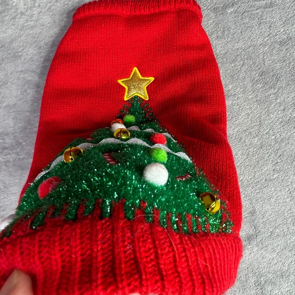 Merry & Bright Christmas Tree Pet Sweater Red Med Jingle Bells Pom Poms Holiday